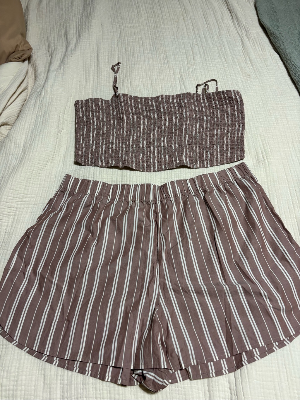 American Eagle Outfitters Mauve-Brown And White Striped Lounge Shorts & Top